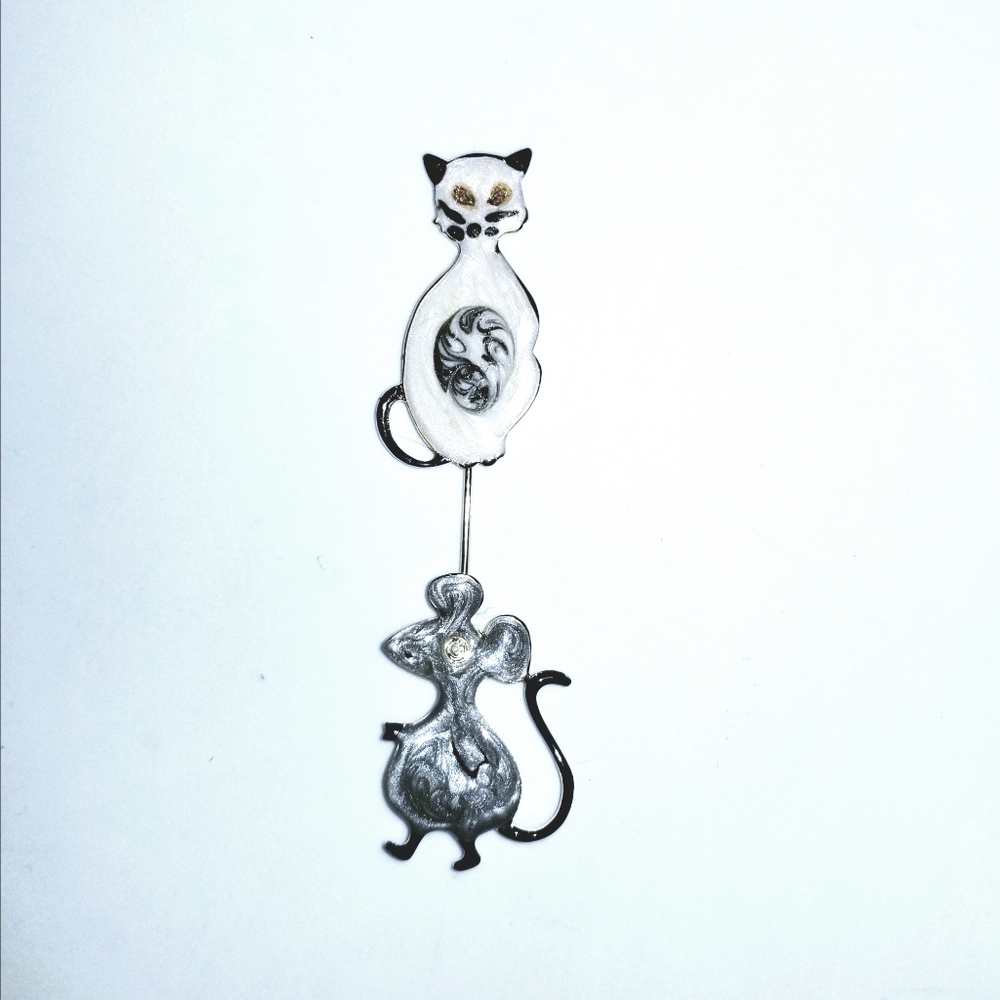 Sale. Cat and Mouse enameled Stick Pin/ Brooch